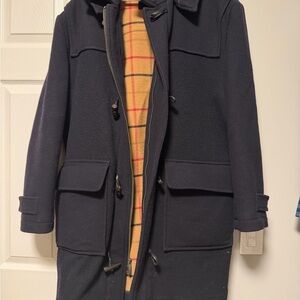 Jos. A. Bank Navy Wool Toggle Pea Coat with Tan Plaid Lining
